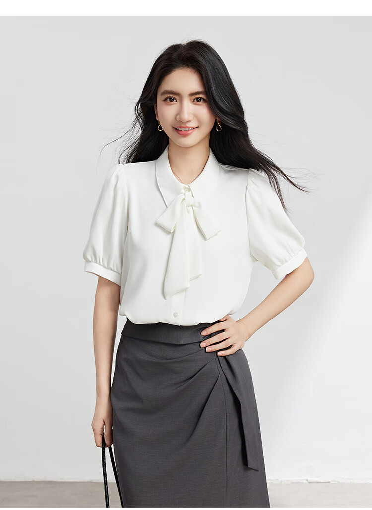 Bodexiaojie White Bow-Tie Blouse for Women, Stylish Tie-Up Short-Sleeve Top, Elegant Office Wear for White-Collar Professionals, XL 11