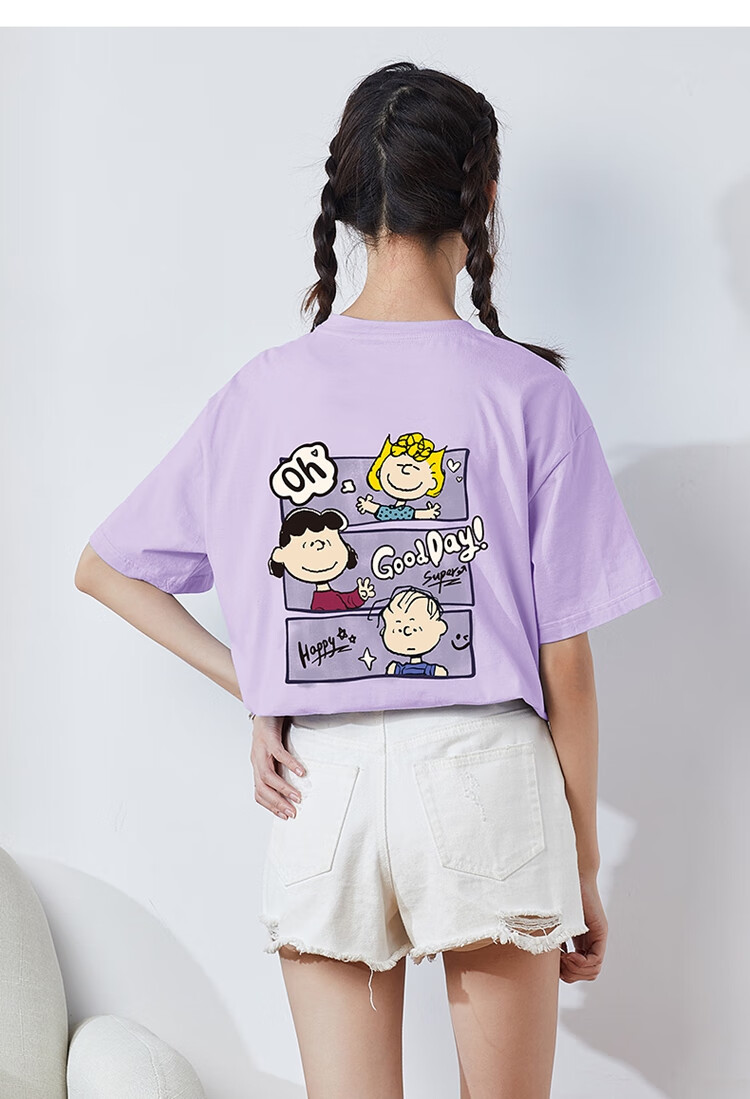 TonLion 2025 Summer Women's New Round Neck Short Sleeve T-Shirt Versatile [Snoopy Collaboration] S Light Purple 19