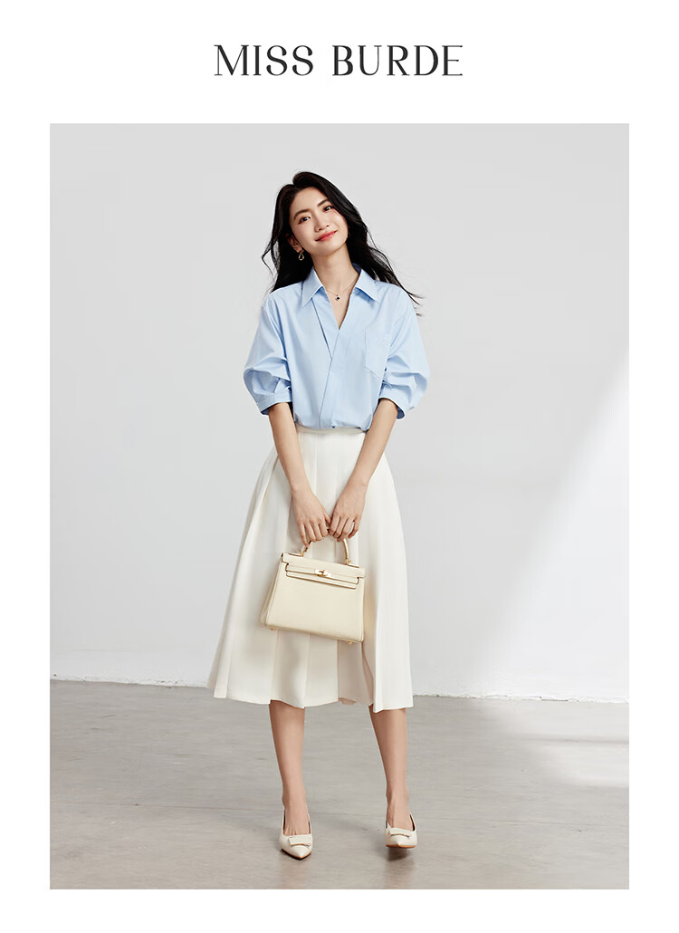Bodexiaojie Blue Stylish Luxury V-Neck Shirt for Women, Summer Commute Short-Sleeve Top, Professional Petite Interview Blouse, XL 11