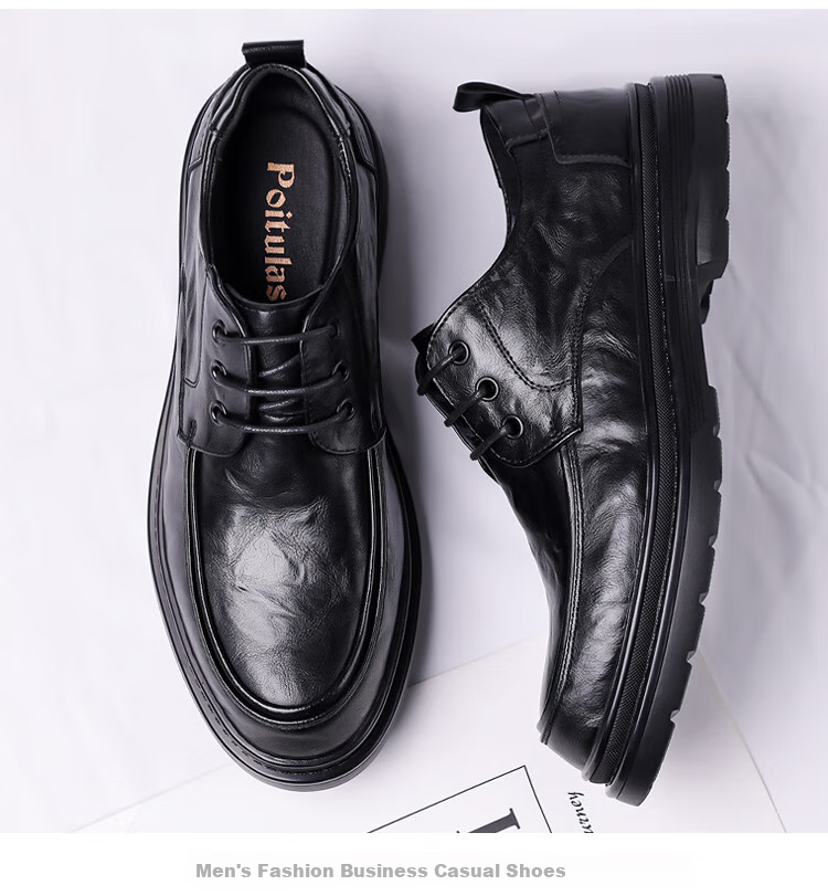 Poitulas Men's Leather Shoes, British-Style Hand-Scraped Texture, Business Casual Shoes, Low-Top Thick-Soled Formal Shoes, Wedding Shoes, 9929 Black, Size 40 8
