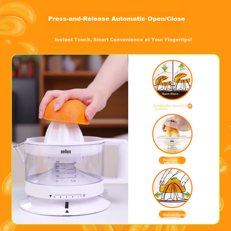 Braun Orange Juicer CJ3000, Manual-Pressed Orange Squeezer, Home Automatic Small Electric Juicer, Fresh Fruit Press
