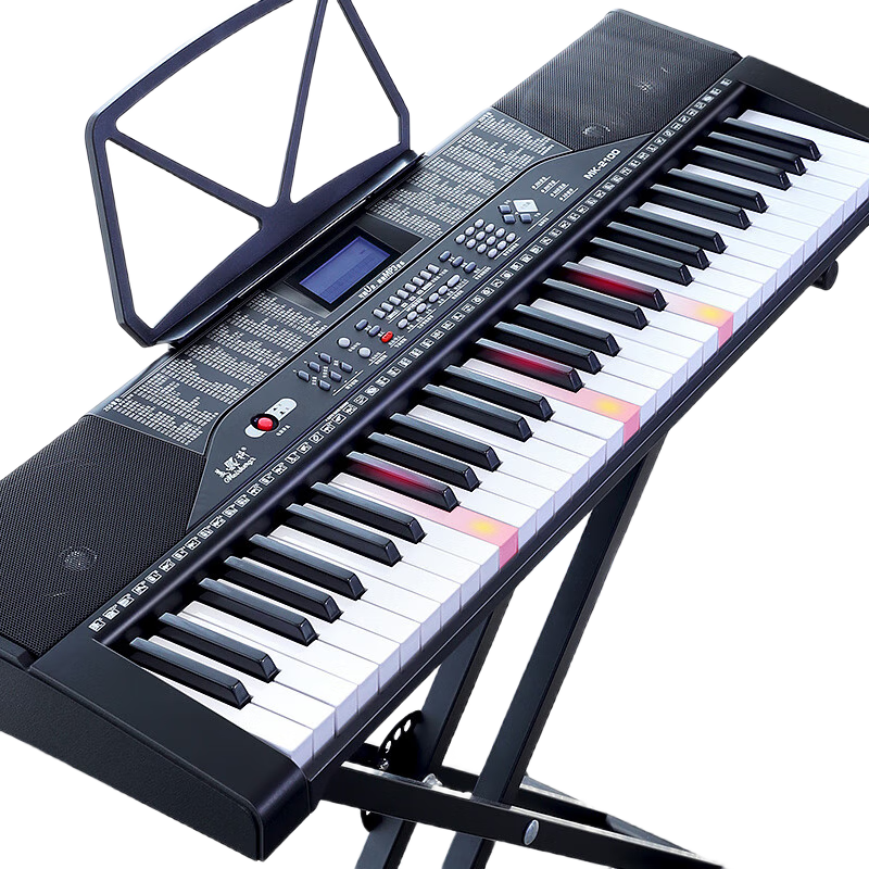 Meirkergr MK-2100 Smart Version + Keyboard Stand, Illuminated Key-Action 61-Key Piano Keyboard Multifunctional Smart Electronic Keyboard Instrument, Connects Microphone, Headphones, USB Drive, Smartphone, Tablet