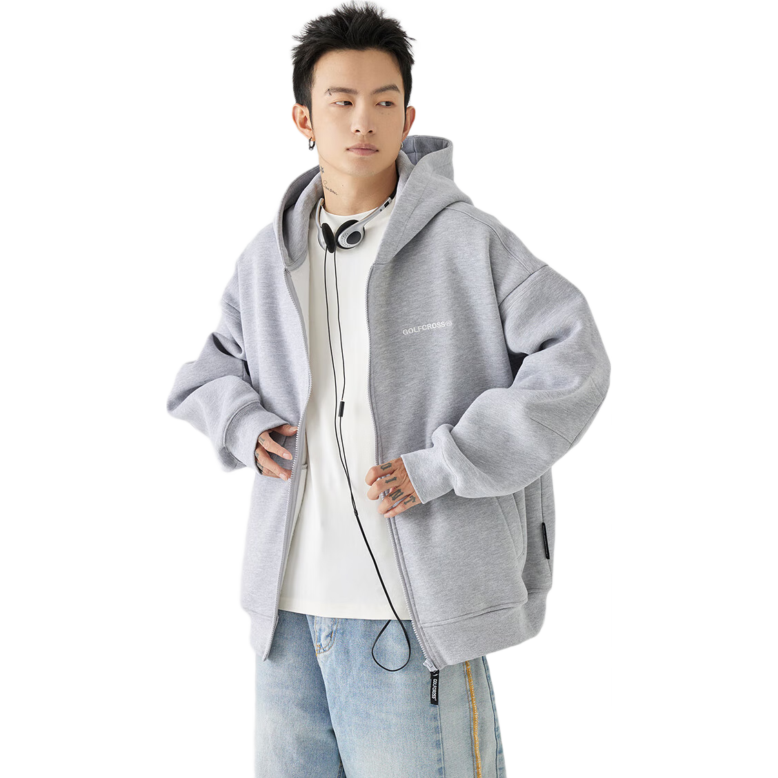 GOLFCROSS Couple's Sweatshirt, Spring And Autumn Letter Embroidery, Loose Hooded Cardigan Jacket, Gray, S