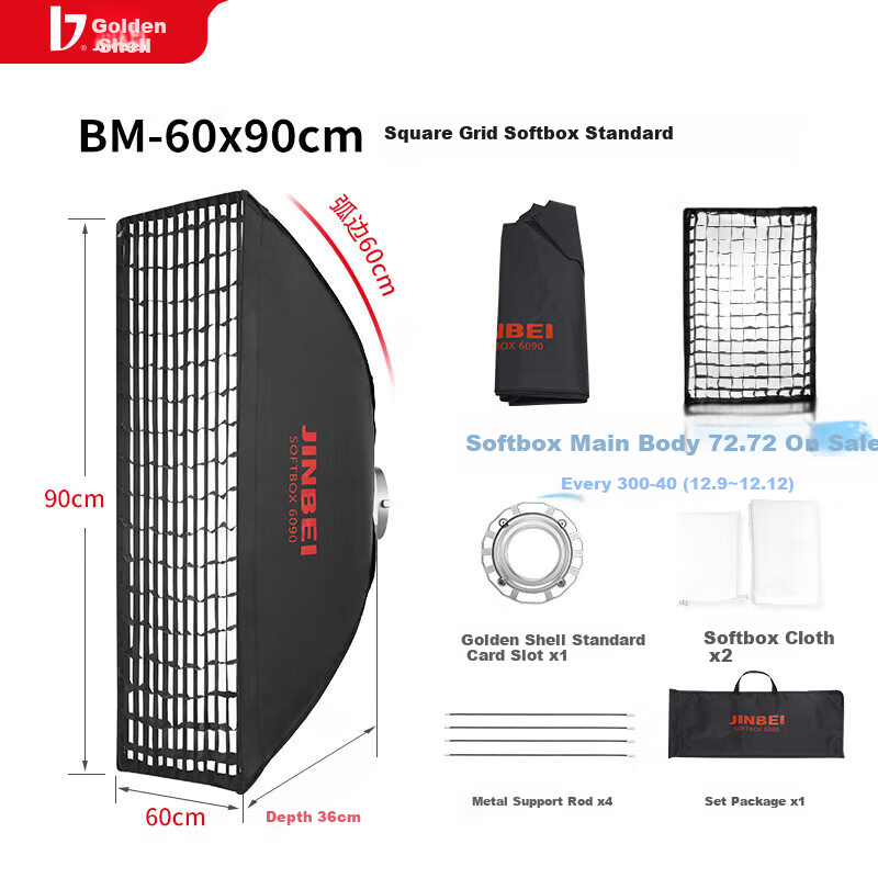 JINBEI BM Grid Softbox Universal Bao Rong Card Slot Honeycomb Grid Long Strip Square Softbox for Outdoor Photography Video Live Streaming Light Cover BM-60Ă90 Grid Softbox