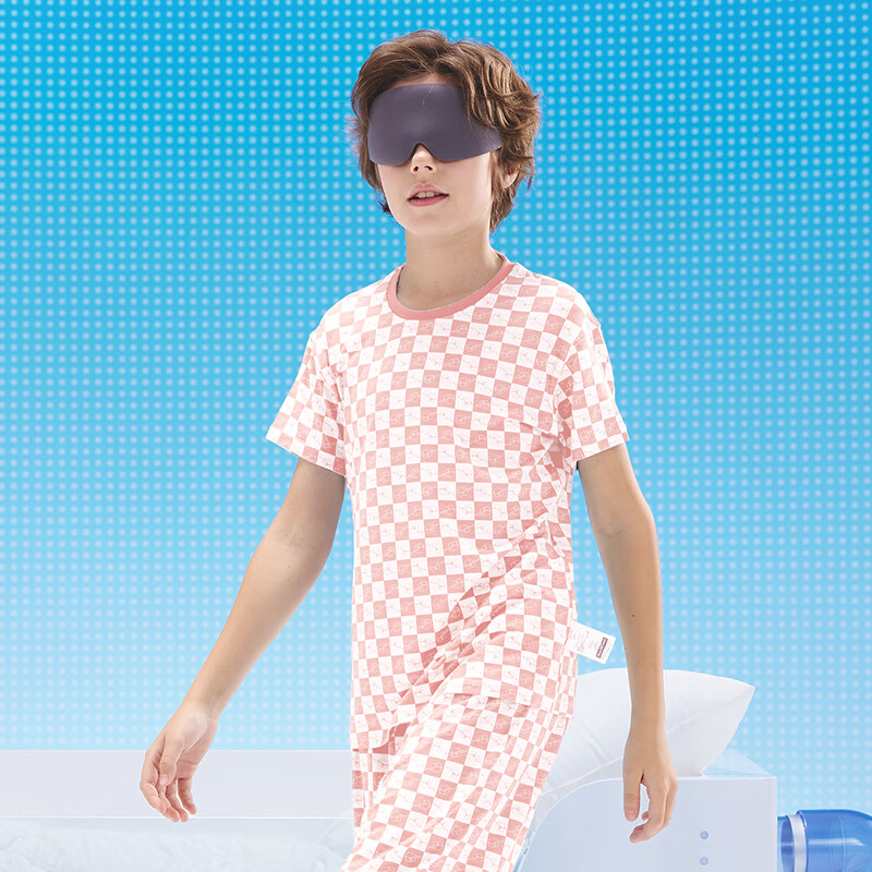Hinos Children's Quick-Dry Short-Sleeve T-Shirt And Long Pants, Indoor Home Wear, Shell Pink Checkered (Short T-Shirt), Size 140