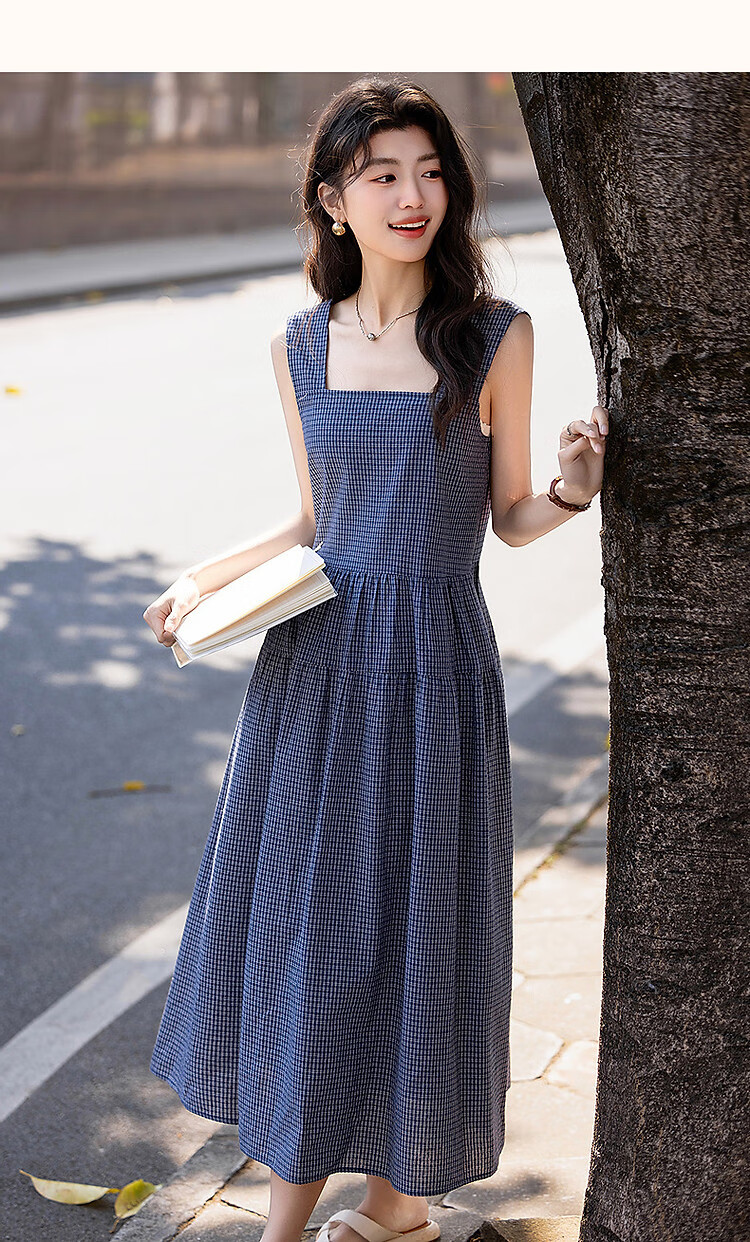 Dme [Japanese-Style Light-Colored Outfit] Summer Cloud Cotton Square Neck Plaid Spaghetti Strap Sleeveless A-Line Patchwork Long Dress for Wome 8