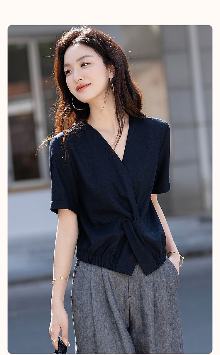 Dme [Straight to The Sky] Autumn TR Bright Silk Faux Denim Shirt with Twisted Elastic Hem, Women's Top 2