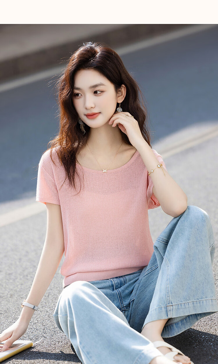Demana Natural Linen Summer Elegant Round Neck Short Sleeve Loose Knit Top for Petite Women 18