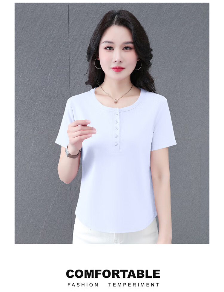 Woodpecker Women's Regular Shoulder Short Sleeve T-Shirt Casual 2025 Summer Slim Button Solid Color Half Sleeve Top Black L 9