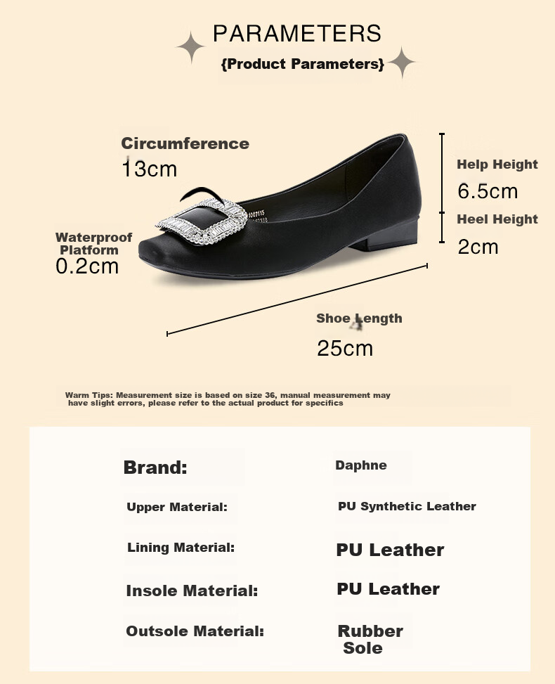 DAPHNE Women's Mid-Heel Comfortable Soft-Soled Flats, Versatile Slip-On Professional Leather Shoes, Black, Size 35 2