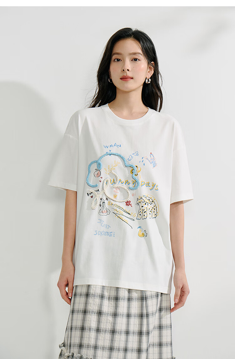 INMAN [Same As in Show] Cotton Cat Print Round Neck Short Sleeve T-Shirt for Women, Summer 2026 Top, Off-White, Size S 18