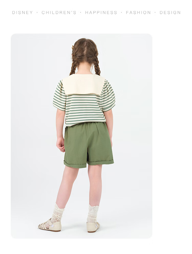 Disney Girls' Summer Set: Short-Sleeve T-Shirt And Shorts, Preppy Style Two-Piece Set with Peter Pan Collar T-Shirt, Khaki, Size 120 11
