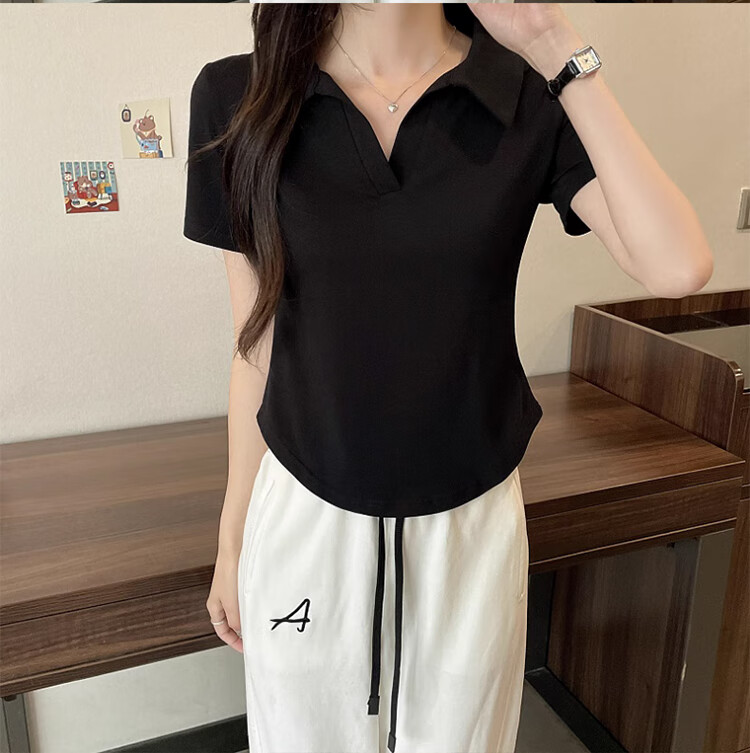 Langsha Women's Short Sleeve V-Neck T-Shirt Summer Fashion Versatile High-End Black Slim Fit Crop Top 20