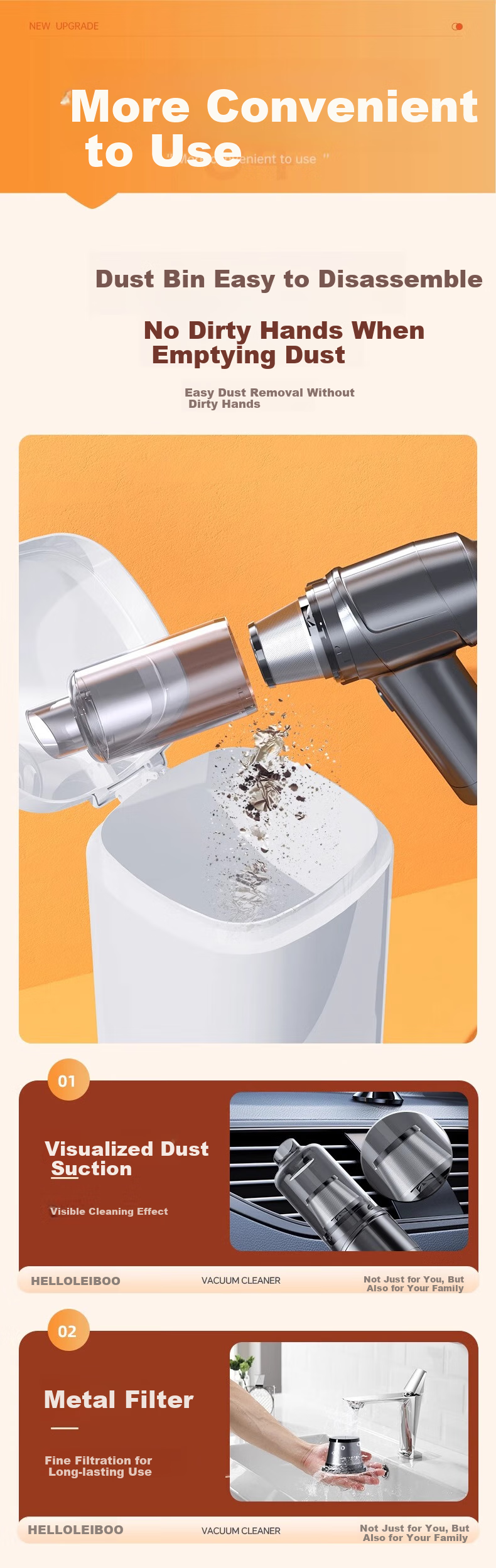HELLOLEIBOO Handheld Car Vacuum Cleaner with Cordless Rechargeable Motor, Dual-Use for Suction And Blowing, High-Power for Home And Car Interior Use 8
