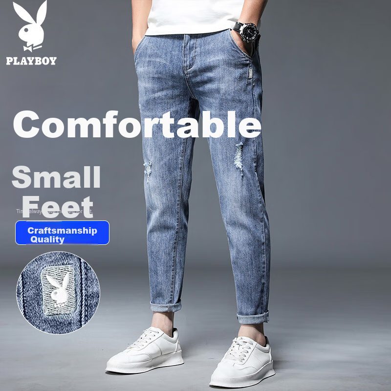 PLAYBOY Men's Jeans, Ripped, Spring And Summer Pants, Straight-Leg Trousers, Casual Slim-Fit Nine-Tenths Men's Pants, Blue, Size 32