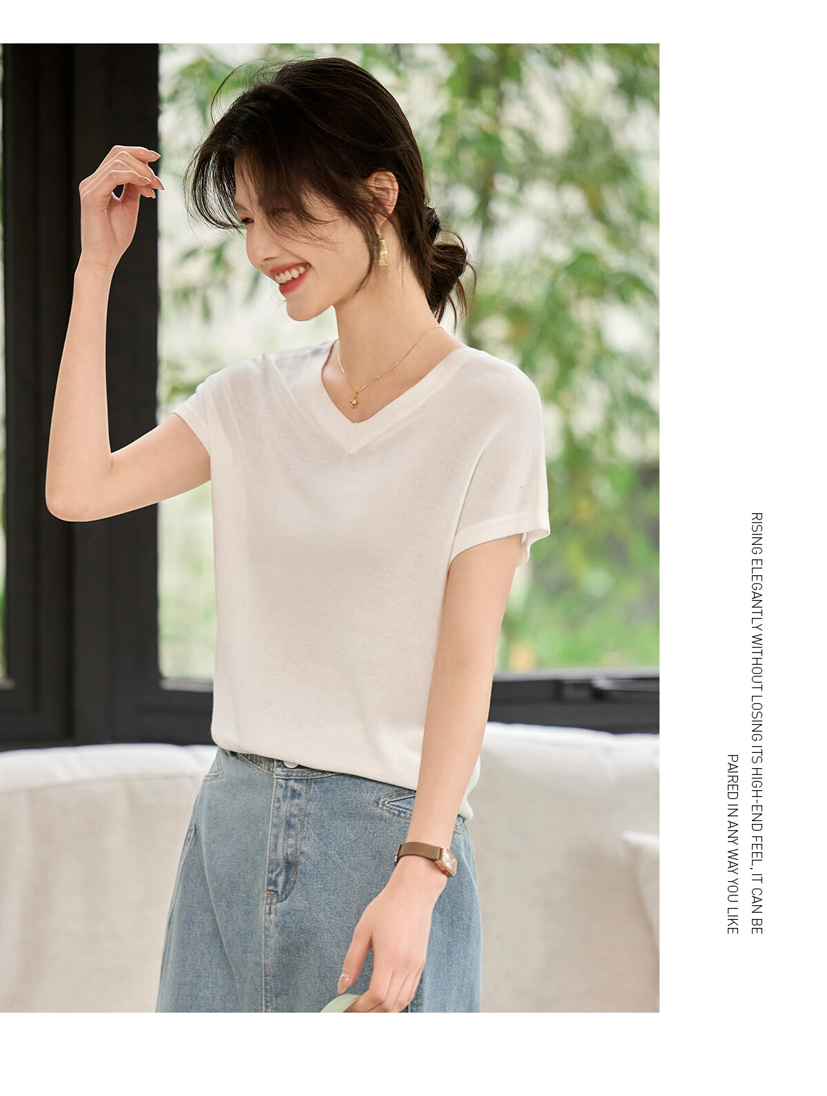 Taxiang Women's Short-Sleeve V-Neck Thin Summer Knit T-Shirt with Hollow Design at Back, Distinctive Top Blouse T52T078 11