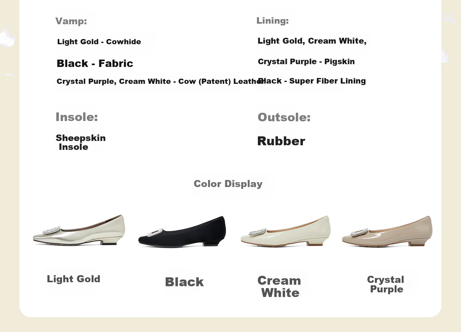COMELY Rhinestone Square Buckle Women's Flats, Spring New Style Genuine Leather Low-Heel French Gold Flat Shoes, Light Gold, Size 34 6