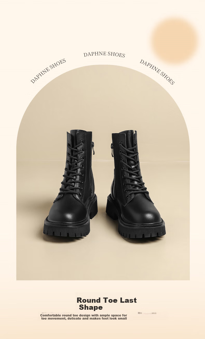 DAPHNE Black Martin Boots for Women, 2025 Autumn And Winter Fleece-Lined Leather Boots, Thick-Soled British Style Heightening Boots, Ankle Boots 2