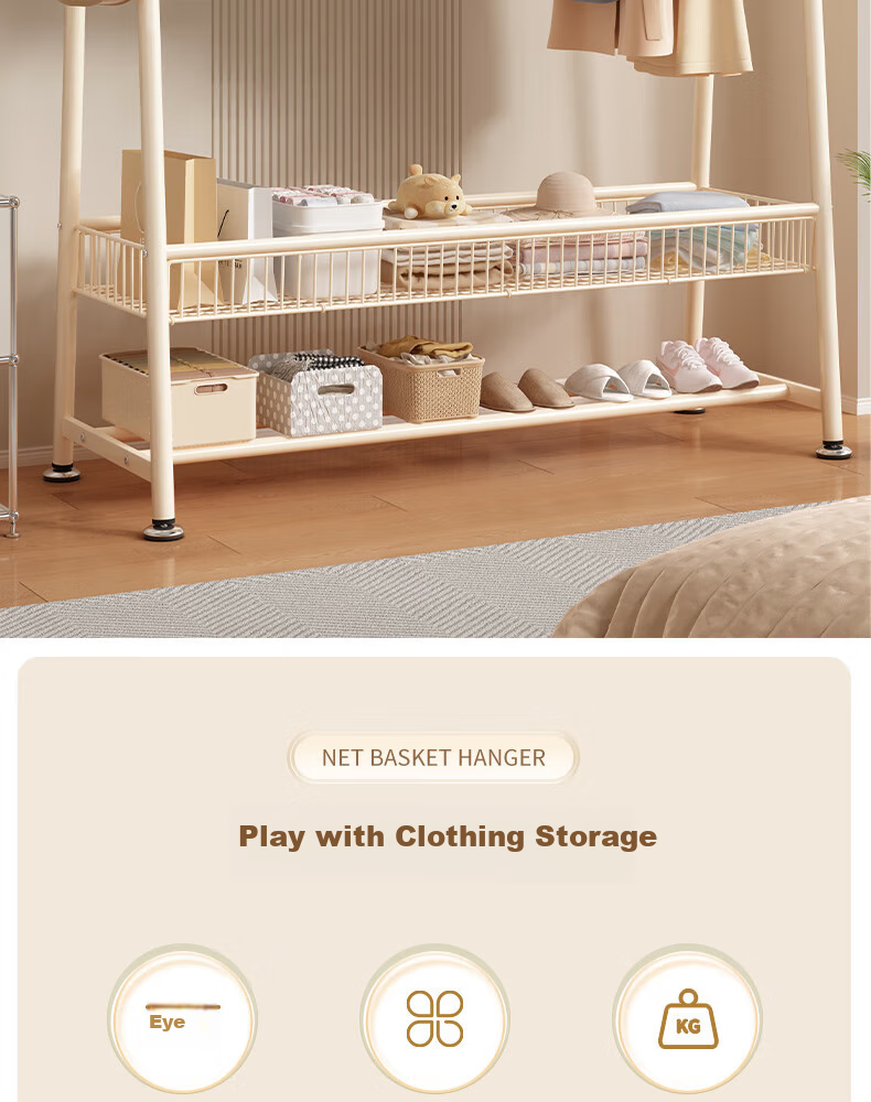 BIX Floor-Standing Clothes Rack for Bedroom, Home Drying Rack, Simple Coat And Hat Stand, Indoor Balcony Floor Pole with Basket, 1.2m White 2