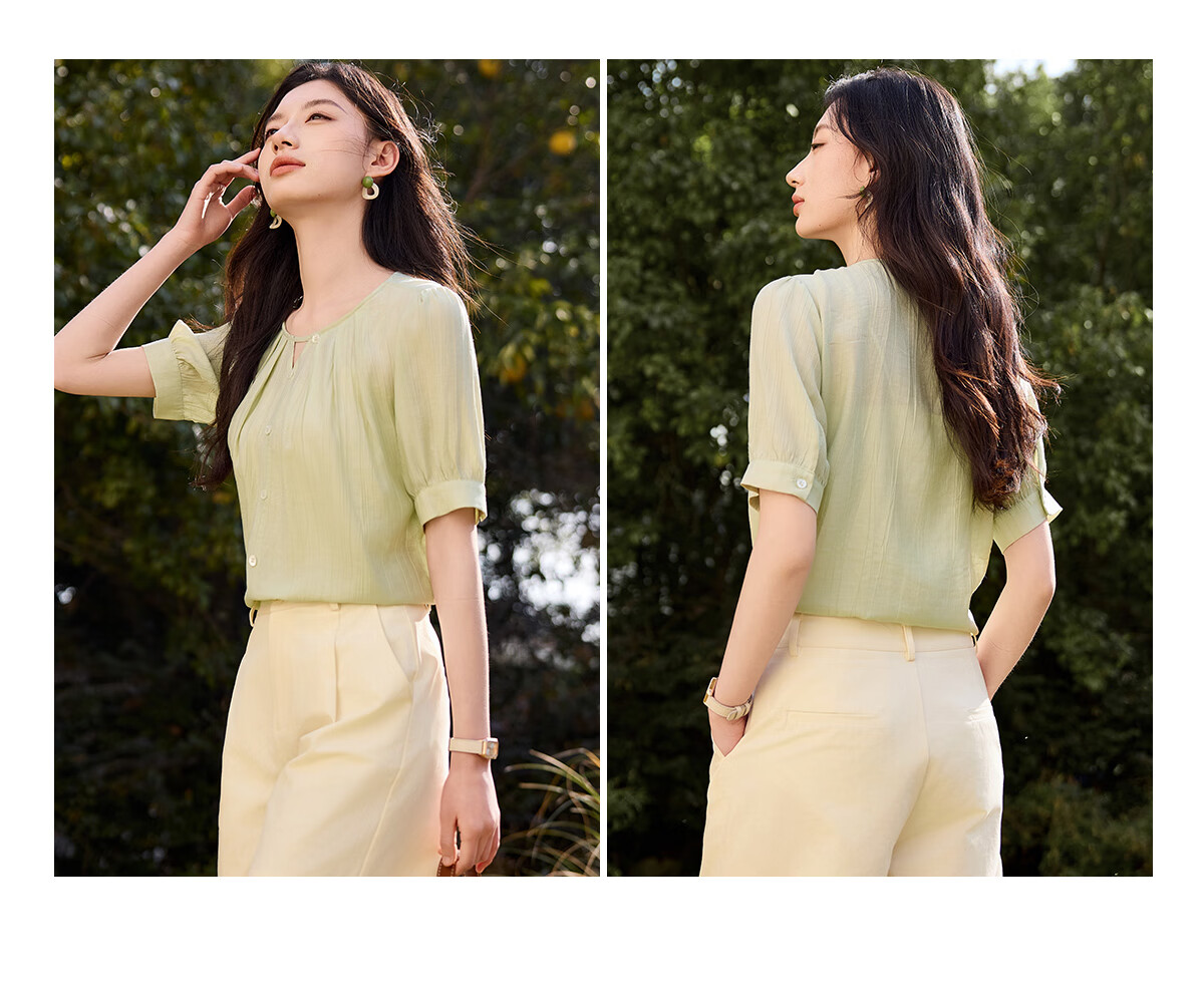 Chushen Summer Women's Short Sleeve Shirt V-Neck Hollow Out Elegant Vacation Style Chiffon Blouse S52X016 11