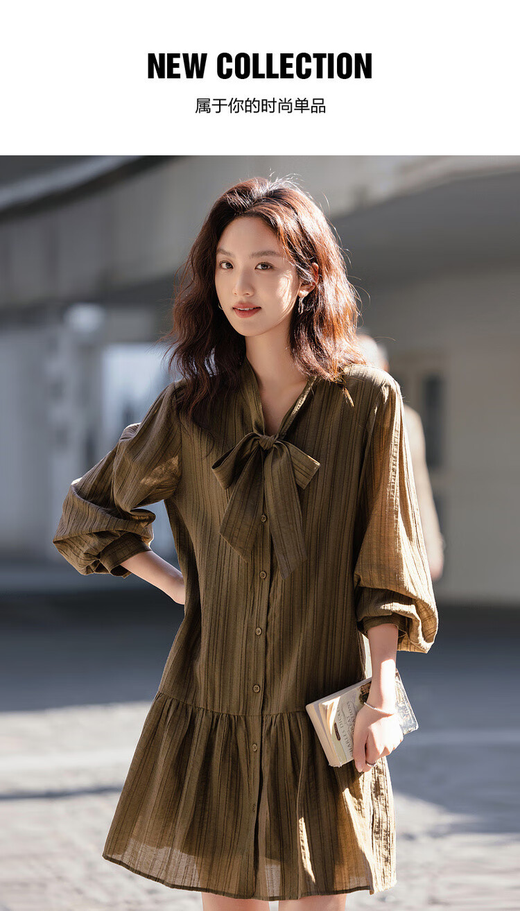 Dme [Moderate Romance] Spring Vintage Style Lyocell Striped Ribbon Button Elegant Midi Dress for Wome 1
