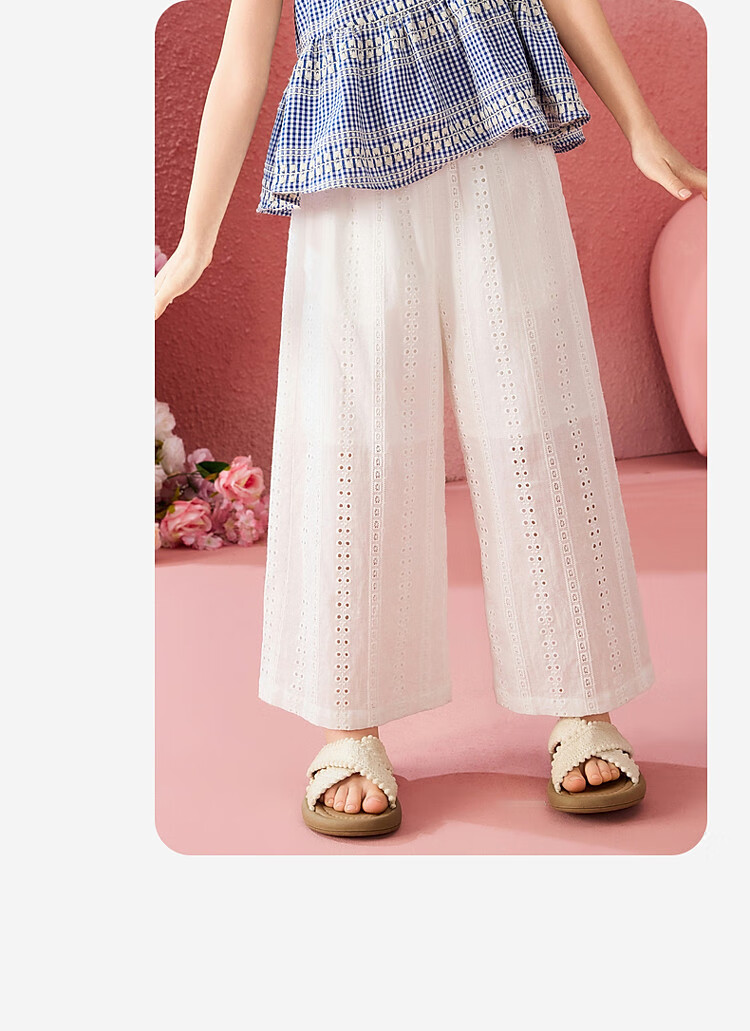 ASK JUNIOR Cotton Kids Summer Hollow Lace Embroidered Straight Leg Breathable Long Pants for Girls and Teens 13