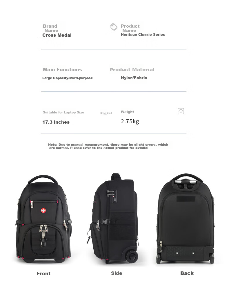 CROSSGEAR Backpack with Wheels, 17.3-Inch Laptop Bag, Luggage Bag, Carry-On Bag, Student Backpack, Large Capacity Business Travel Bag 11