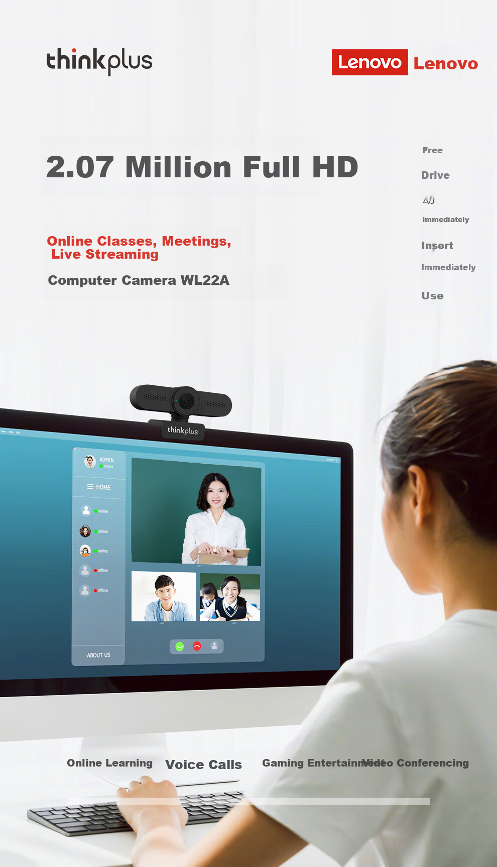 Lenovo ThinkPlus Video Conference Camera, Computer Live Streaming Online Class Camera 1080P HD with Microphone, USB Plug-And Desktop Webcam 2