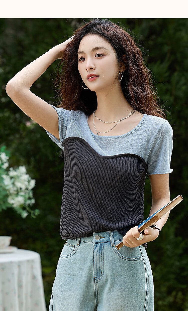 Dme [Salt Series Spicy Girl] Summer Smooth Linen Lyocell Blend Sweater, Pure Desire Color-Block Knit Top for Wome 10