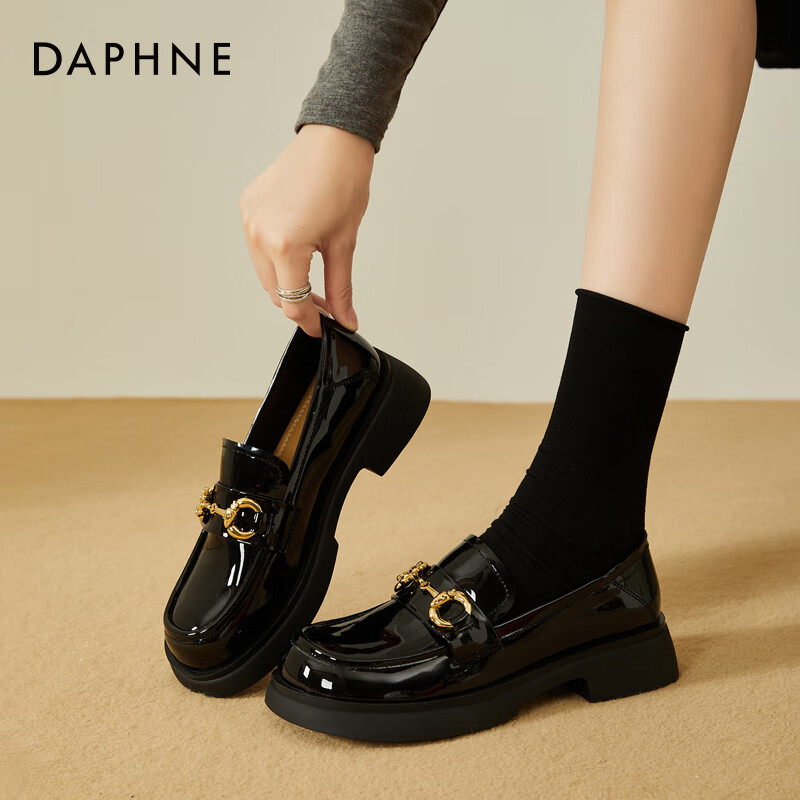 DAPHNE Women's Loafers Thick Sole Spring Autumn New Retro Chunky Heel British Style Leather Shoes Black Size 39