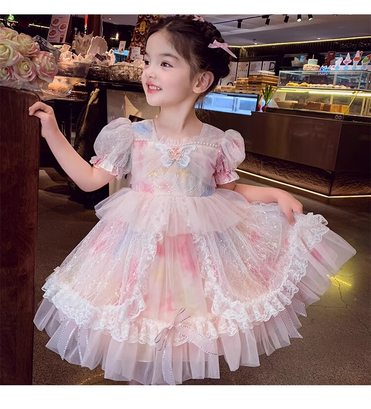 Anneyol Girls' Princess Dress Summer Outfit Stylish Children's Lolita Tulle Dress with Puff Sleeves, Pink, Size 160 24