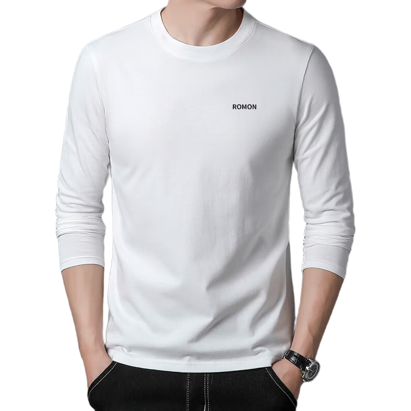 Romon Men's Long Sleeve T-Shirt 2026 Spring Autumn Solid Color Casual Loose Cotton Base Shirt White M