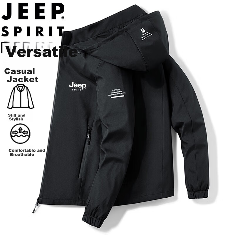 Мужская куртка JEEP SPIRIT, весна-осень, с капюшоном, повседневная, для активного отдыха, черная, размер 3XL