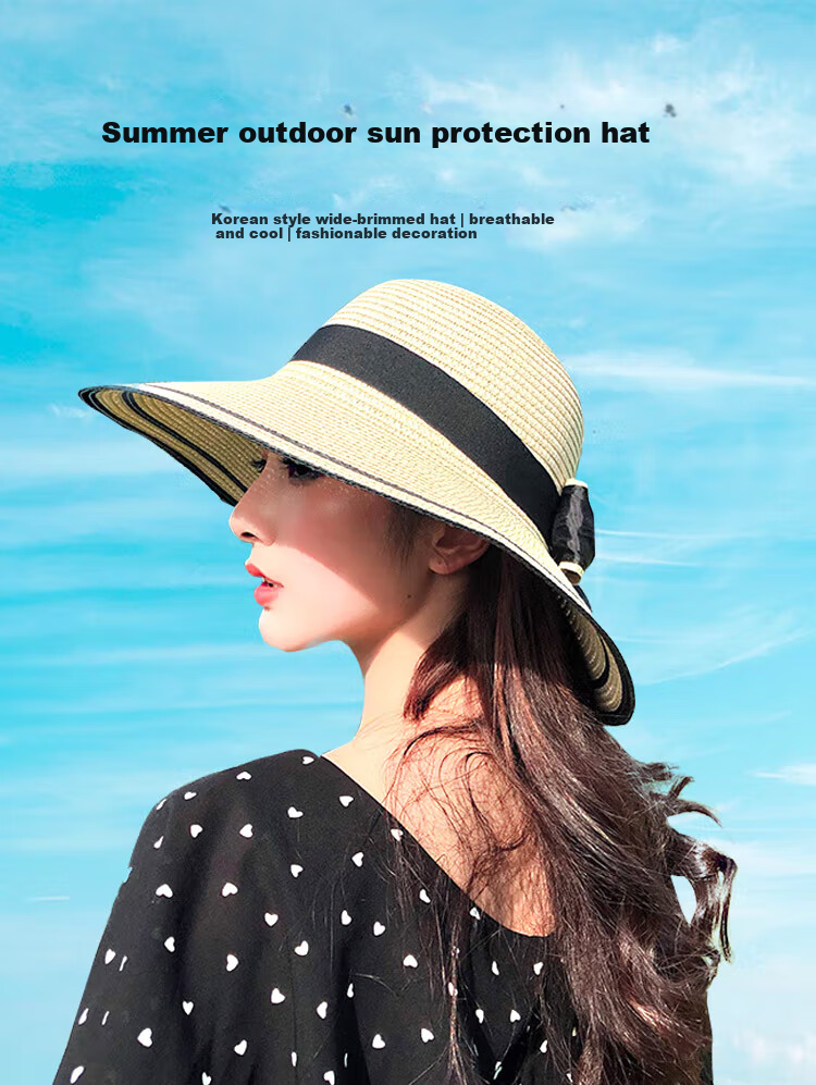 GLO-STORY Women's Sun Hat, Straw Hat for Outdoor Travel, UV Protection, Wide Brim Beach Hat with Bow, WMZ824169 1