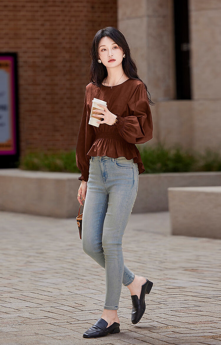 Dme [Will Breathe Cotton] Spring And Autumn French-Style Relaxed Round Neck Smock Waist-Cinching Drop Shoulder Slimming Shirt Women's Top 31