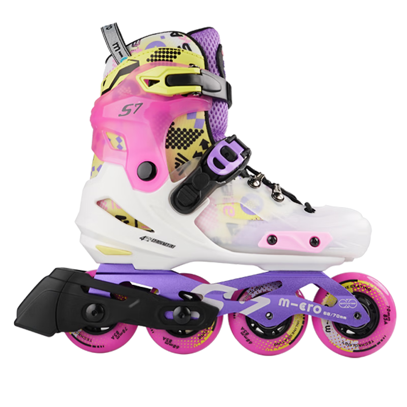 Micro Maiguo Roller Skates for Children, Boys And Girls, Beginners, Flat Flowers, Inline Skating, Hard Shell, Adjustable Figure Skating, S7 Pink Package, M Size
