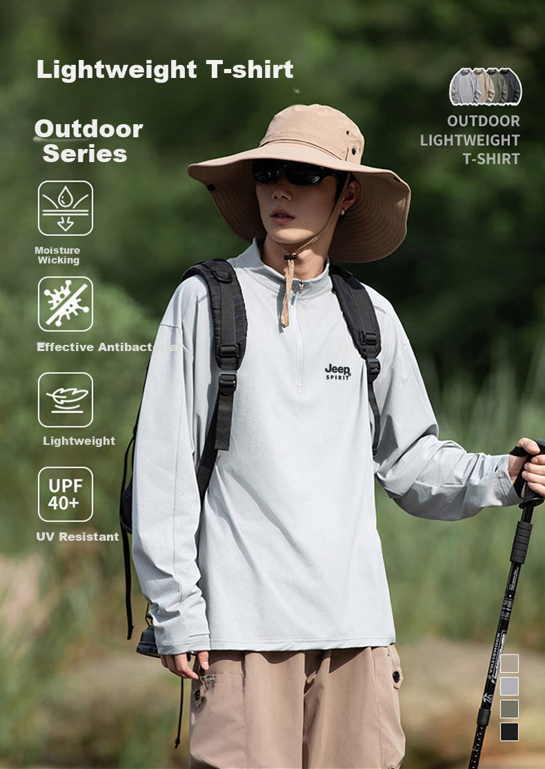 JEEP SPIRIT Men's Long Sleeve T-Shirt Spring Casual Sports Base Layer Outdoor Quick-Dry Top Cloud Gray XL 1