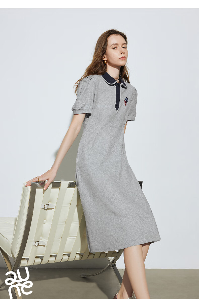 Chuyu Polo Collar Dress with Waist-Cinching Slimming Effect for Women, New Summer 2025 A-Line Short-Sleeve T-Shirt Midi Skirt, Gray, Size S 30