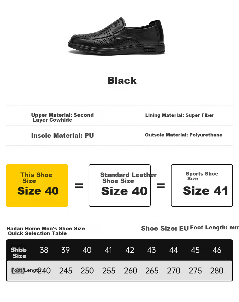 HLA Men's Leather Shoes, Business Casual Breathable Slip-On Leather Sandals for Men HAAPXM2FBH182, Black, Size 39 4