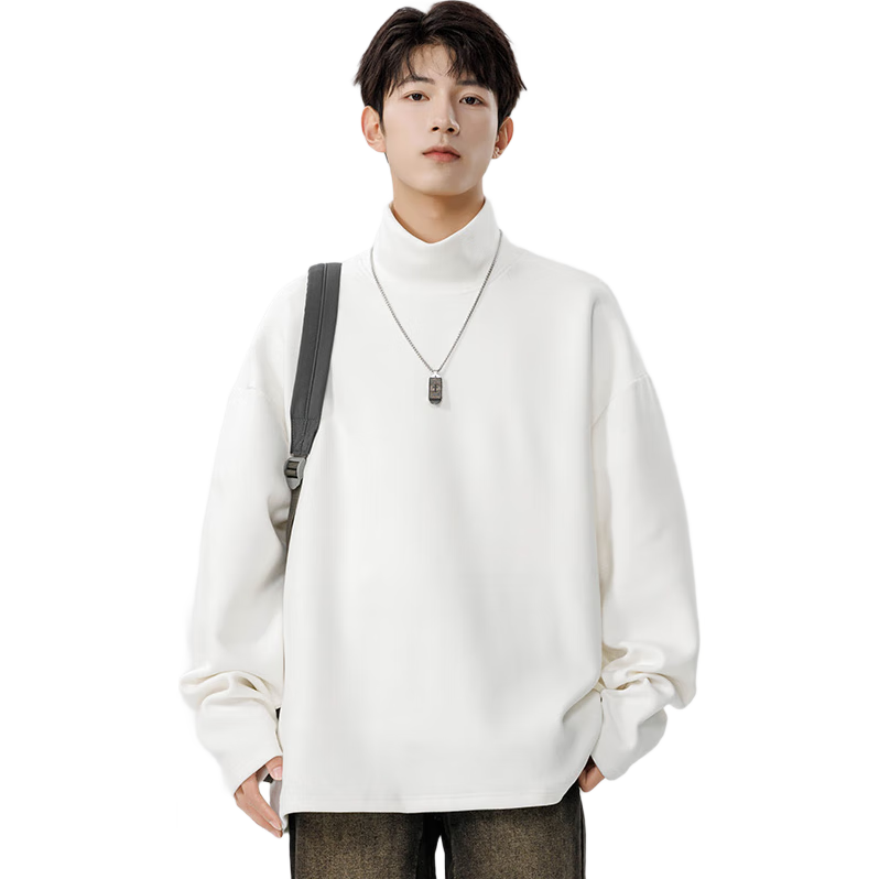 Foss Phil Men's And Women's Sweatshirt, Spring And Autumn Loose High Collar Casual Simple Solid Color Base Layer Inner Wear APW965 White XL