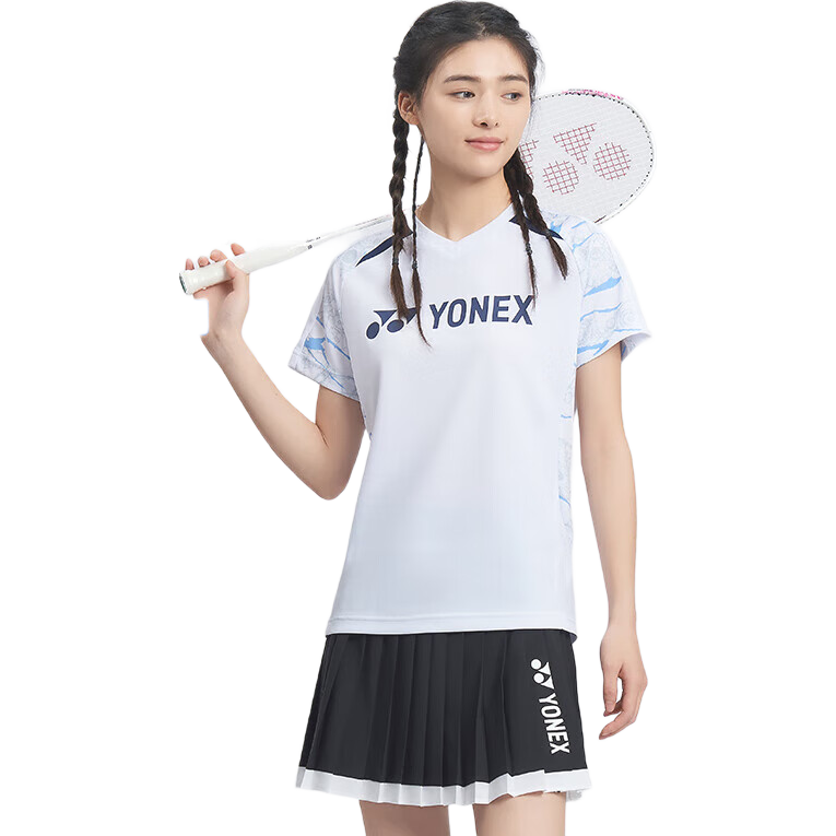 YONEX Badminton Shirt for Women, Quick-Dry Short-Sleeve Sports Top, Professional Competition Uniform, 210015BCR White O