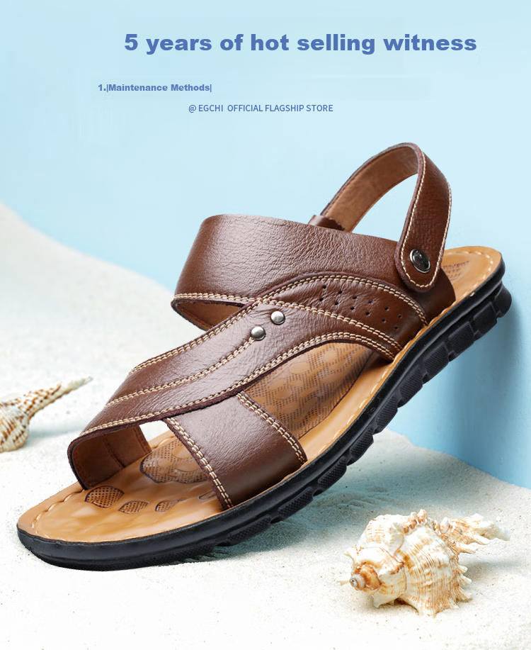 EGCHI Men's Sandals, Outdoor Slippers, Top-Grain Leather, Breathable Beach Shoes, 12129 Brown, Size 39 5