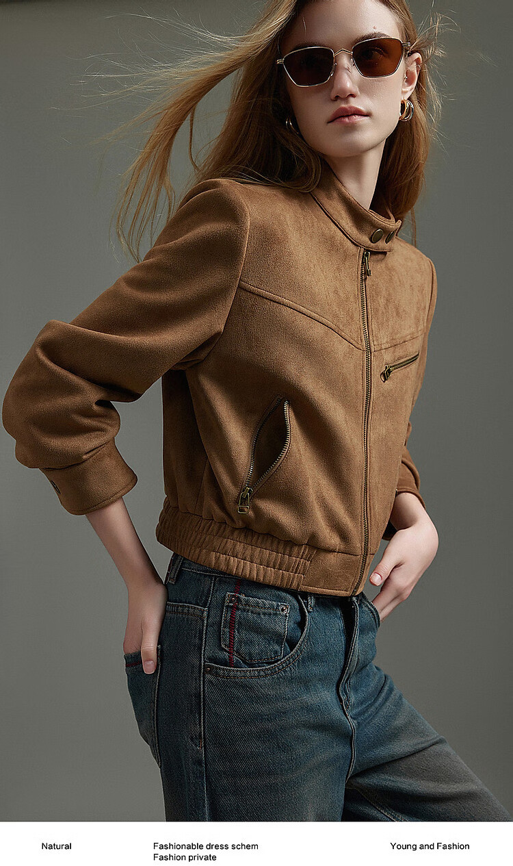 Dme [Wake Up Wild] Autumn Motorcycle Style Stand Collar Faux Suede with Split Line Elastic Hem Jacket for Women, Short Style 2