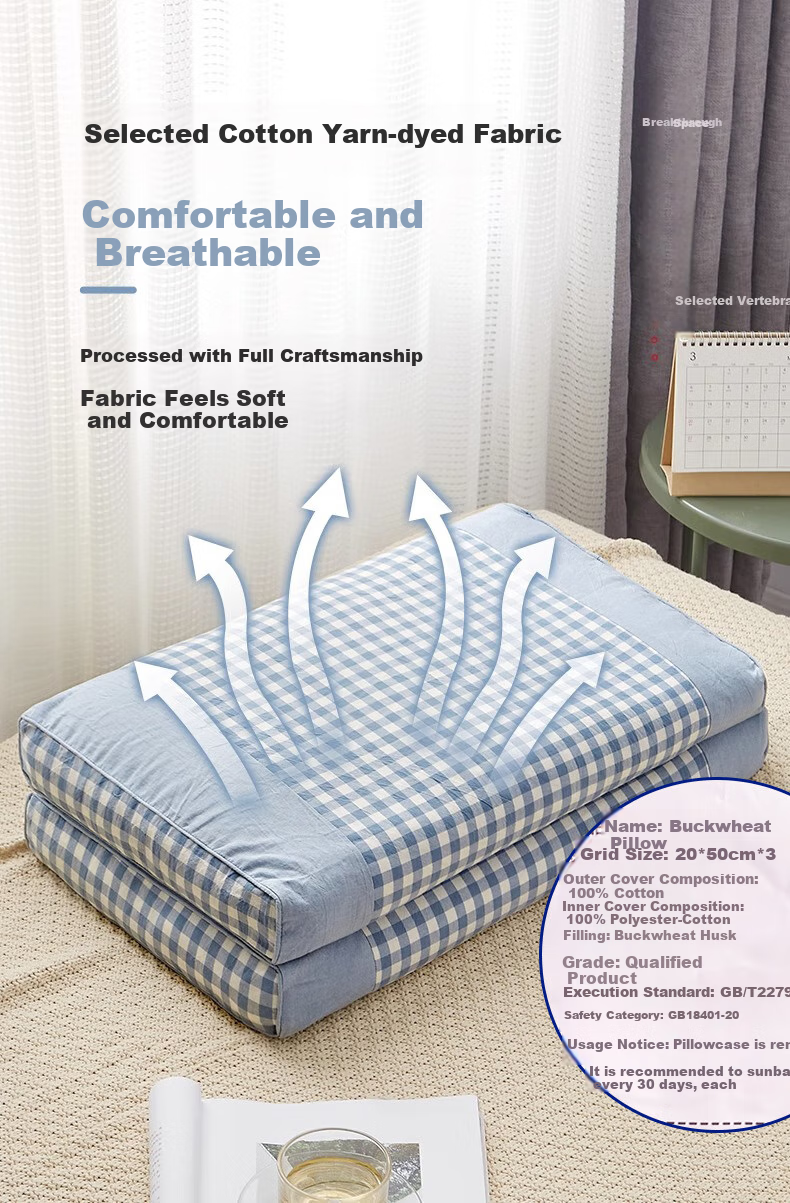 AVIVI Buckwheat Pillow, 100% Buckwheat Hull Pillow, Cervical Pillow, Light Blue, Single Pack, 35*55cm 5