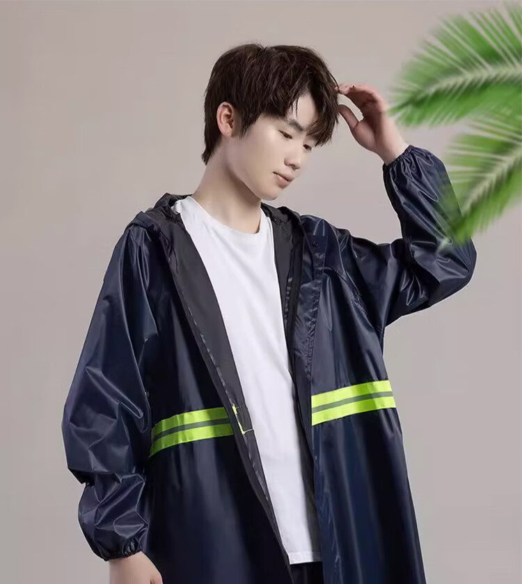 Mashifu One-Piece Long Raincoat, Thickened Oxford Fabric Heavy Rain Protection Workwear Raincoat, Outdoor Patrol Reflective Strip Long Rain Poncho [Front And Back Reflective Strips], Zipper Style Navy Blue, One Size Fits All 1