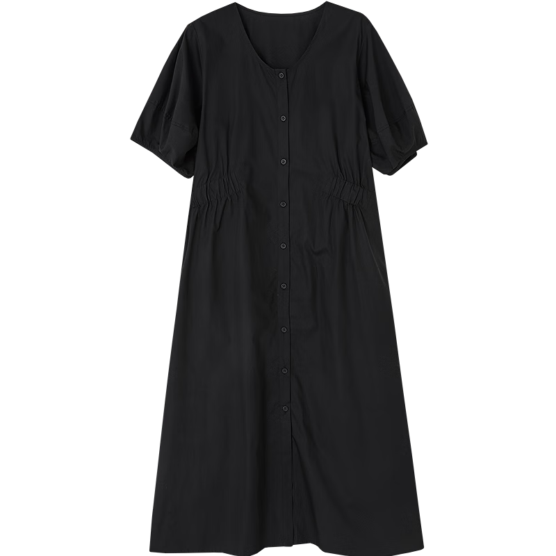 Demana 100% Cotton Summer Elegant V-Neck Elastic Waist Short Sleeve Mid-Length Slimming Women's Dress