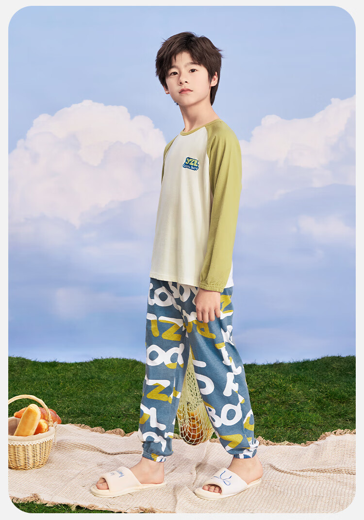 YUZHAOLIN Boys' Pajamas, Children's Home Wear Set, Spring Season, for Older Children, Pure Cotton Clothes, Children's Clothing, All-Over Letter Print 5