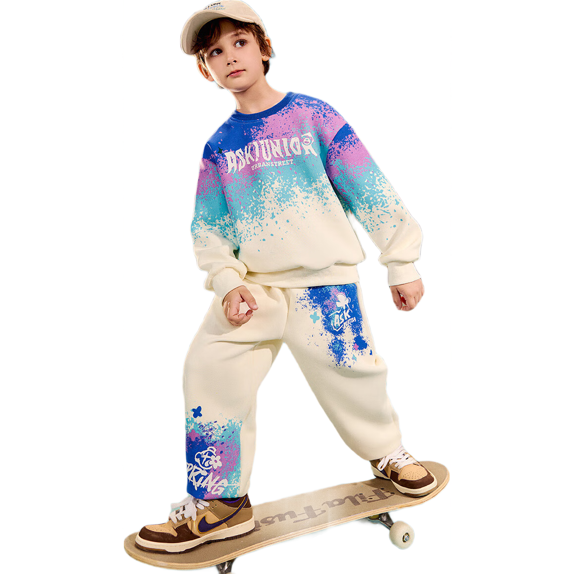 ASK JUNIOR Boys' Spring 2026 Gradient Letter Print Long Sleeve Sweatshirt and Pants Set, Blue, Size 150