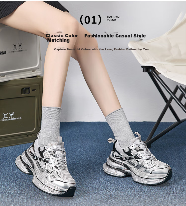 ZHR Silver Dad Shoes for Women, Trendy Sports Casual Couple Shoes, Thick-Soled Height-Increasing Women's Shoes, JT67 Silver, Size 39 2