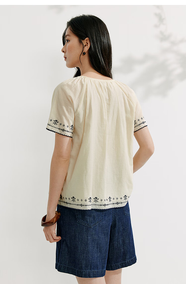 Inman French Style 100% Cotton Embroidered Shirt Summer Women's Casual Vacation Short Sleeve Blouse Beige M 24